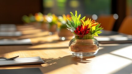 Sunlit Tabletop Still Life Vibrant Flowers in Glass Vase Elegant Restaurant Decor