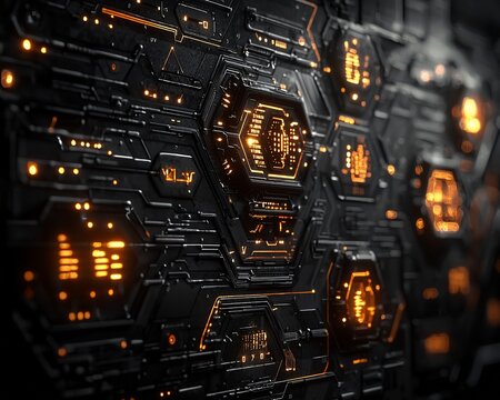 Futuristic orange and black tech interface.