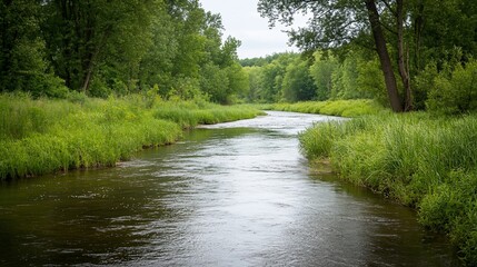 Serene River Flowing Through Lush Green Forest