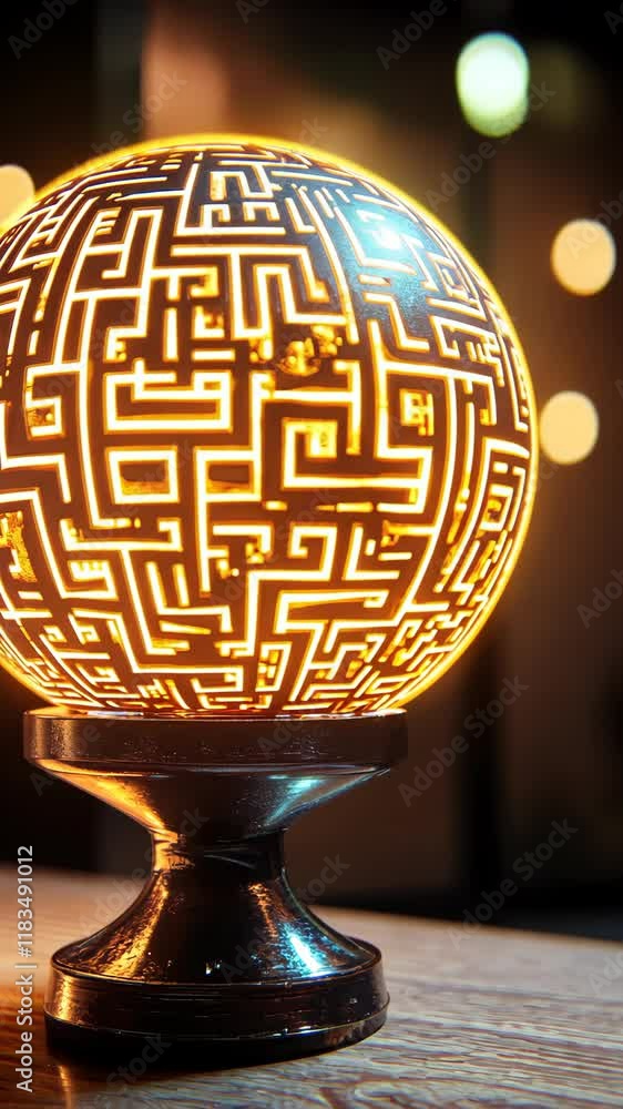 Poster intricate spherical lamp design featuring maze patterns illuminated in a cozy indoor setting