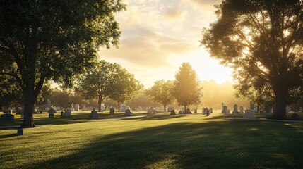 Obraz premium Serene Sunset at the Cemetery: A Peaceful Golden Hour
