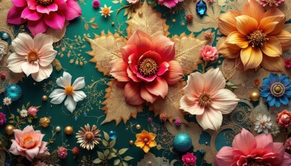 Vibrant floral arrangement with intricate patterns on textured background