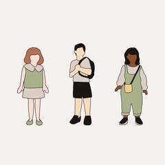 flat minimal children male and female vector illustration in spring summer clothing with outline concept isolated set collection. For architecture rendering, graphic design, info graphic, media