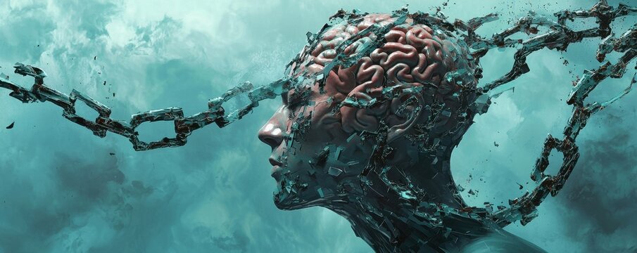 A surreal depiction of a human head with a brain, entwined in chains, symbolizing the struggle between freedom and confinement.