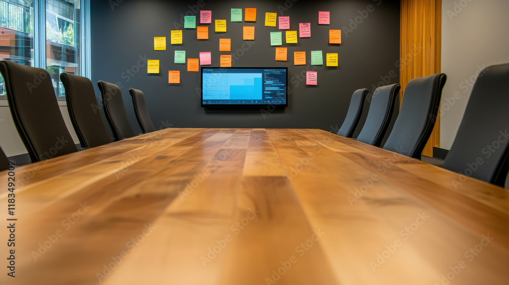 Poster modern minimalist room with touch screen table and colorful sticky notes