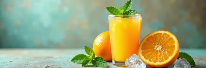 Refreshing orange juice with mint, frozen orange & ice , beverage, ice cube
