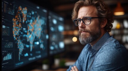 Focused man analyzing global data on monitors.