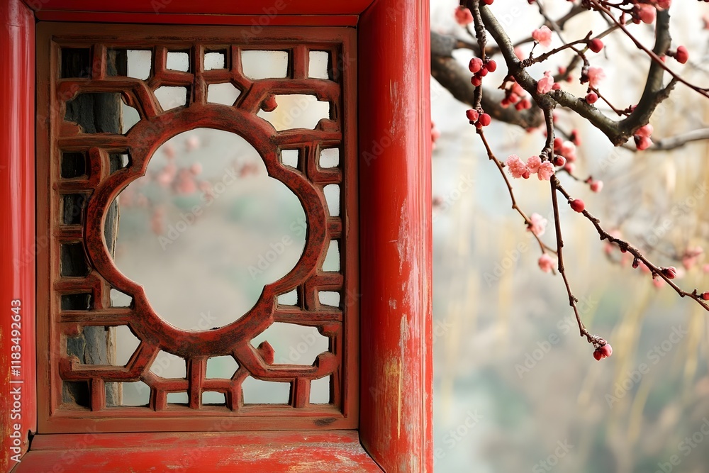 Poster a decorative red window frame with a circular cutout and blooming branches in the background.