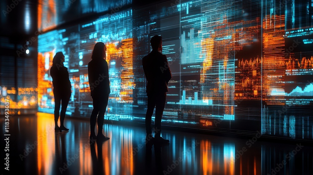 Poster silhouetted figures analyzing data on a massive futuristic digital wall display