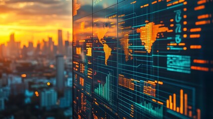 Global Data Network Digital World Map Technology Sunset Cityscape Background