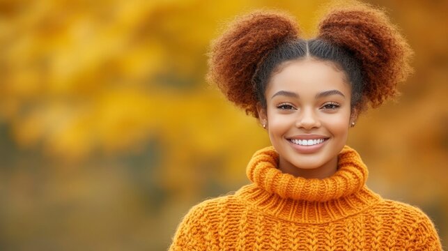 A cheerful woman with a radiant smile, surrounded by nature, symbolizing happiness, success, and fulfillment, ideal for promoting personal growth and inspiration.