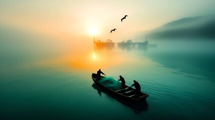 Fototapeta premium Fishermen casting their nets from a small boat in the calm waters surrounding an offshore aquaculture facility with the sun glimmering on the surface seabirds soaring overhead