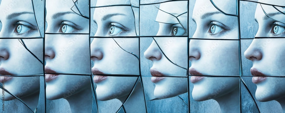 Poster a digital artwork of fragmented faces, showing a series of profiles with a cool color palette, symbo