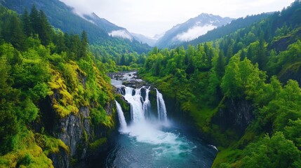 Fototapeta premium A stunning waterfall cascades through lush greenery, surrounded by majestic mountains and misty skies, creating a serene natural landscape.