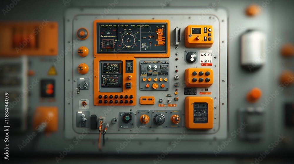 Poster overhead view of an offshore platform control room with operators monitoring intricate control panel