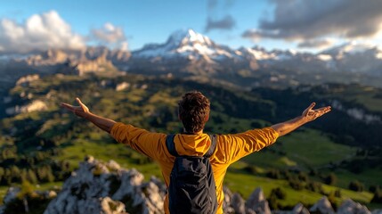 Confident adventurous professional stands proudly on a mountaintop arms outstretched in the awe inspiring majestic alpine landscape  Dramatic light and shadows dance across the rugged