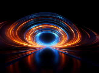Abstract swirling light trails form concentric circles, creating a vibrant tunnel of blue and orange energy on a reflective dark surface.  The glowing rings evoke a sense of speed and motion.