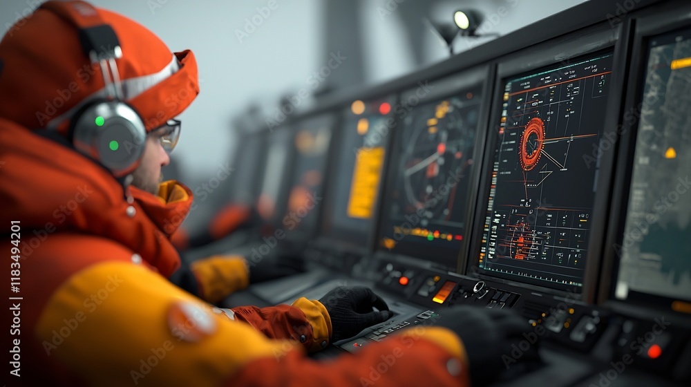 Poster offshore production facility control room technicians closely monitoring the complex systems and eng