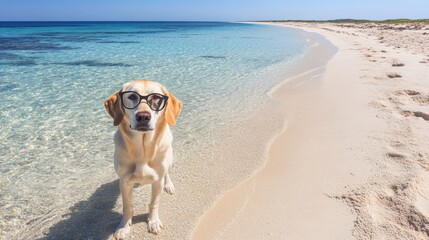 A labrador wearing trendy glasses, standing on a sandy beach, with crystal-clear water stretching out to the horizon.