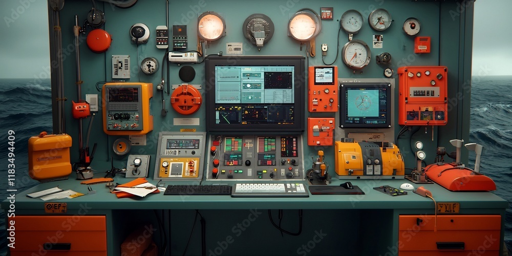 Poster offshore oil rig control room with a team of technicians overseeing drilling and extraction an advan