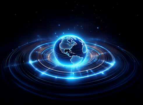 A luminous blue orb, representing Earth, floats within concentric glowing rings against a dark background. The effect is futuristic and technological.