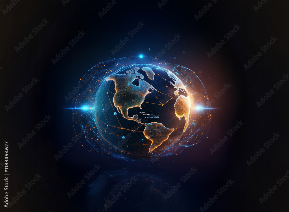 Poster a glowing digital earth, interconnected by lines of light, representing global network and communica