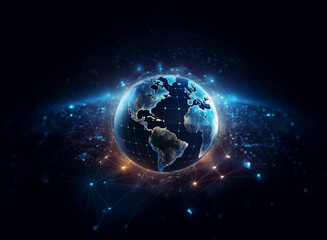 Obraz premium A glowing Earth, encircled by a cosmic web of light and energy, suggesting global connectivity and technological advancement. The image conveys a sense of wonder and the vastness of space.