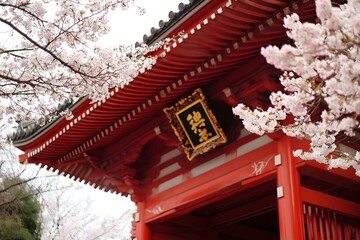 A traditional red structure adorned with cherry blossoms, symbolizing beauty and culture.