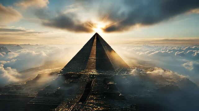 Majestic pyramid rises above clouds at dawn showcasing vibrant sunlight and ethereal atmosphere