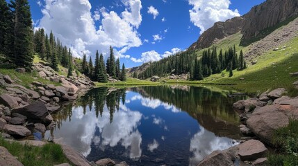Serene mountain lake reflecting a tranquil blue sky  - ai