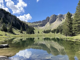 Fototapeta premium Serene mountain lake reflecting a tranquil blue sky - ai