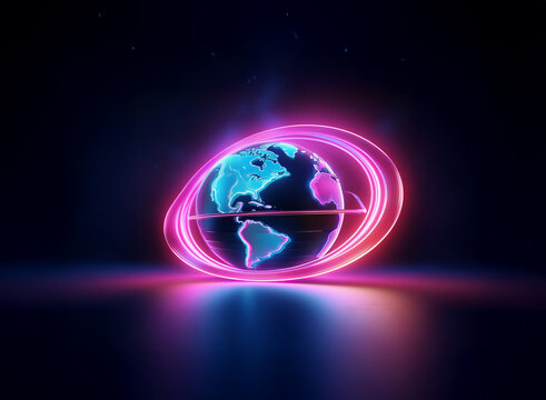 A glowing, translucent Earth model encircled by vibrant pink and blue neon rings, reflecting on a dark, glossy surface.  Suggests futuristic technology and global connectivity. - Powered by Adobe