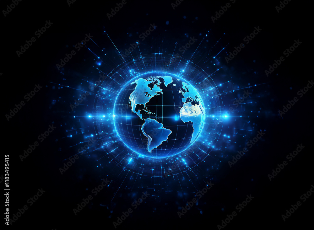 Aufkleber a digital rendering of earth, encircled by glowing blue energy streams, suggesting global connectivi