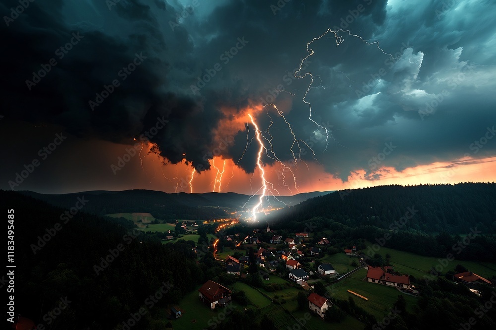 Poster dramatic atmospheric event showcasing a captivating display of powerful forked lightning illuminatin