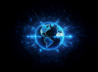 A digital rendering of Earth, encircled by glowing blue energy streams, suggesting global connectivity and technological advancement.  The image evokes a sense of futuristic networking and data flow.
