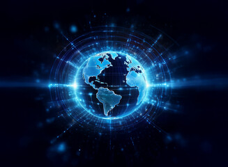 A glowing digital Earth, encircled by radiating lines of light, symbolizes global connectivity and technological advancement.  The dark background enhances the vibrant blue hues of the planet.