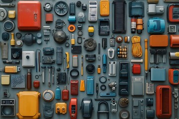 A flat lay of colorful electronic gadgets and tools on a gray background.