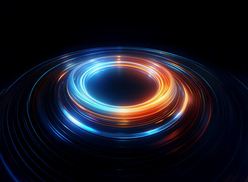 Abstract image of glowing concentric circles, blue and orange hues, emanating light, dark background.  Suggests energy, motion, and technology.