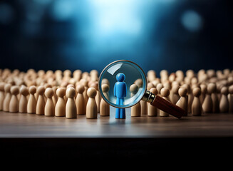 A blue figure stands out amongst many wooden figures, viewed through a magnifying glass, symbolizing talent acquisition and selection.