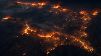 Nighttime satellite image of a wildfire, with fiery hotspots glowing against the darkness, showing the vast scale of the disaster,Generative Ai