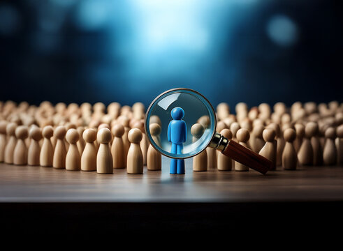 A blue figure stands out amongst many wooden figures, viewed through a magnifying glass, symbolizing talent acquisition and selection.