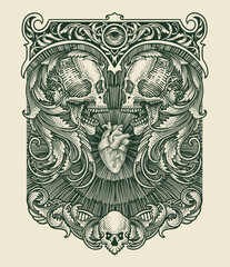 Illustration two skull engraving ornament hair with heart. engraving ornament frame. vector hand drawn