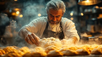 Baker kneading dough in bakery, oven background, food prep