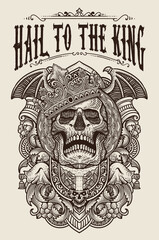 Artwork illustration skull with king crown. engraving ornament hand drawn - Vector design