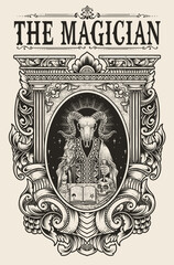 Illustration demon goat skull with engraving ornament frame hand drawn style - Vector illustration