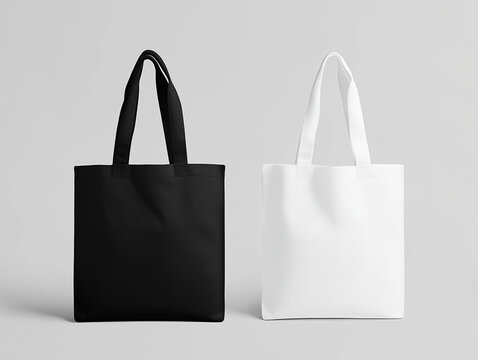 White and black tote bags mockup on a grey background.