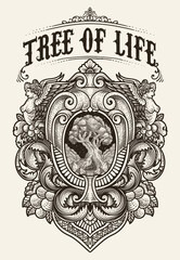Fototapeta premium Illustration tree of life engraving ornament hand drawn style