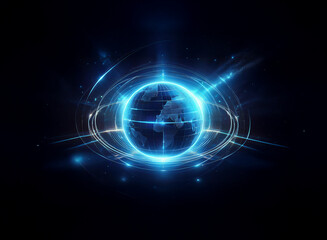 Fototapeta premium A glowing blue orb, resembling Earth, is encircled by vibrant energy rings against a dark backdrop. The image suggests futuristic technology and global connectivity.