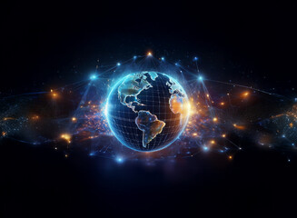 Obraz premium A digital rendering of Earth, glowing with vibrant blue and orange energy, surrounded by a network of interconnected nodes, symbolizing global connectivity and technological advancement.