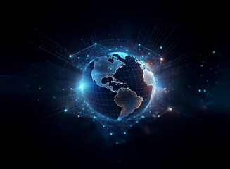 A glowing digital globe, encased in a network of connections, pulses with vibrant blue light against a dark backdrop.  This futuristic visualization represents global connectivity and data flow.